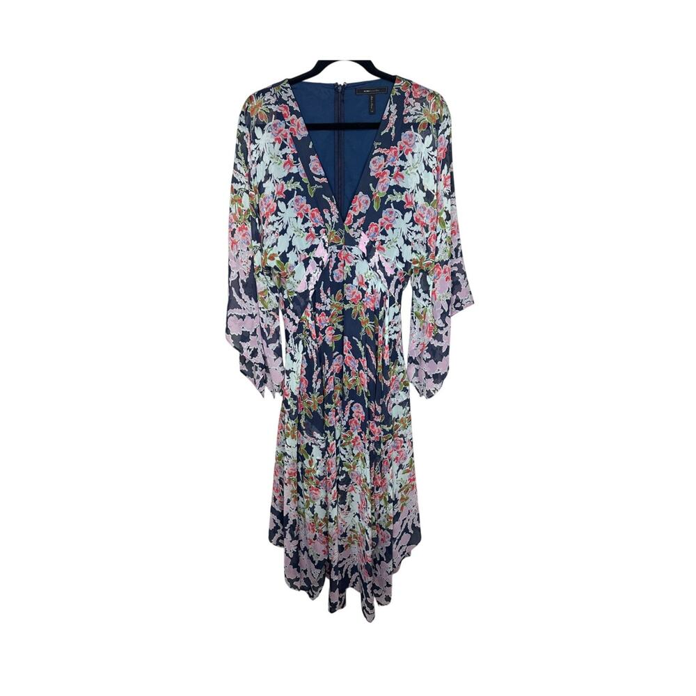 BCBGMAXAZRIA Kylia 100% Silk Maxi Dress Womens M Blue Pink Green Floral Kimono